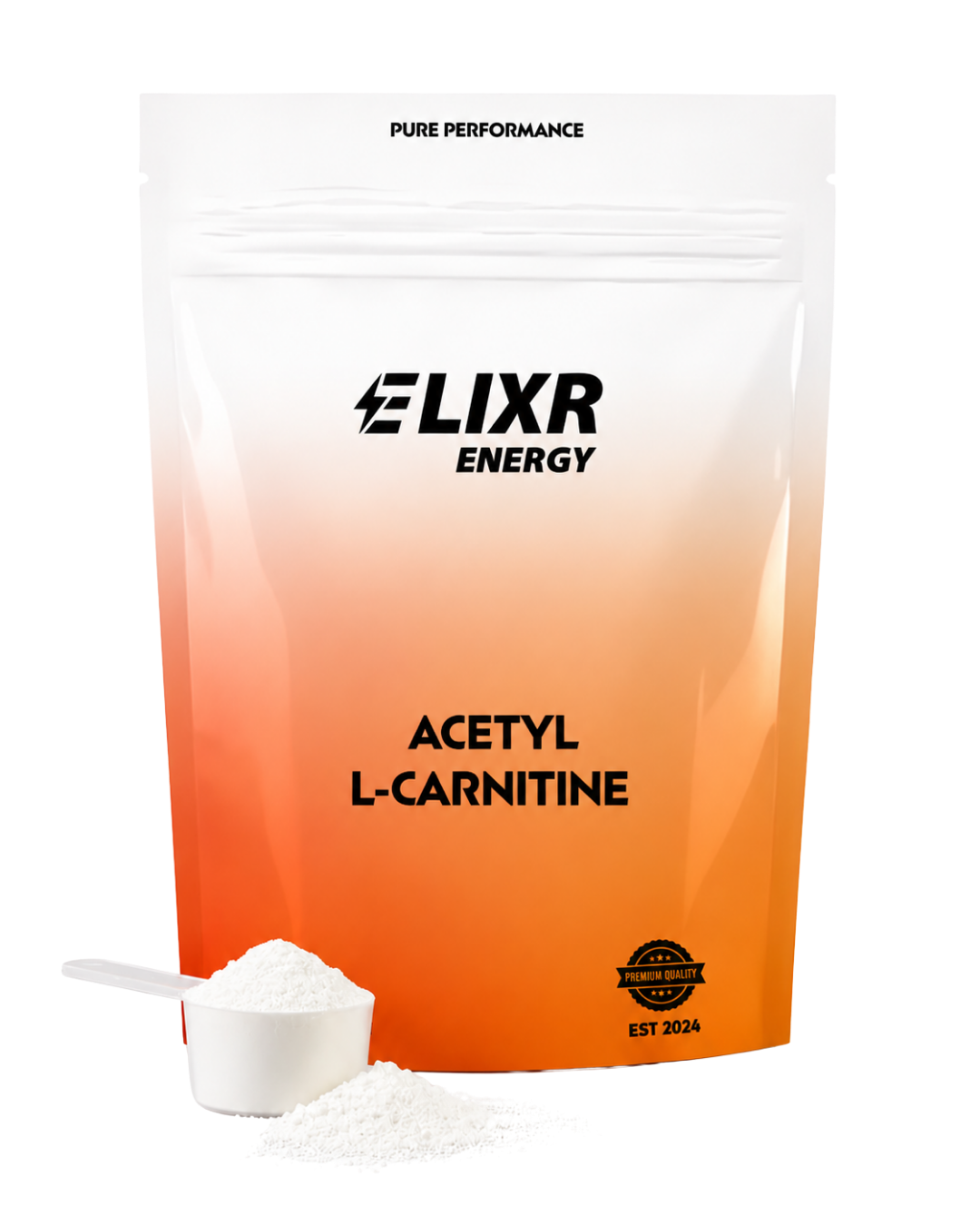 Elixr Energy Acetyl L-Carnitine supplement packaging with a scoop of powder on a white background