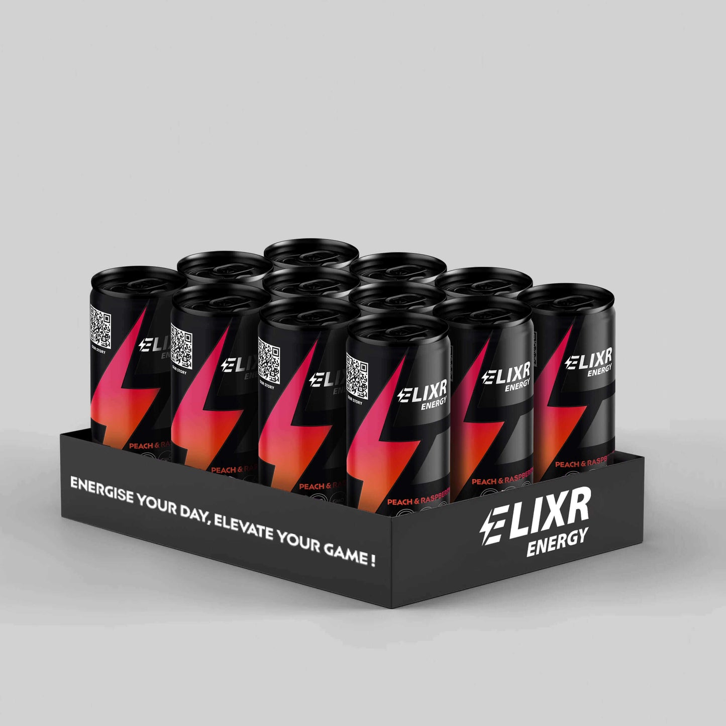 A 12 pack of Elixr peach and raspberry energy drinks