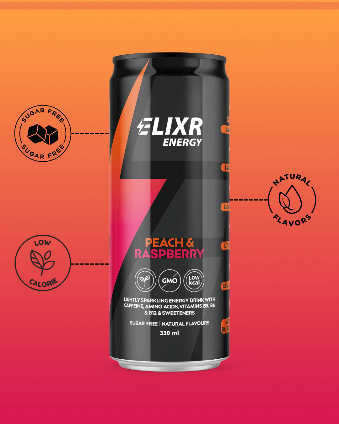 Peach and Raspberry Natural Energy Drink Can | Elixr Energy