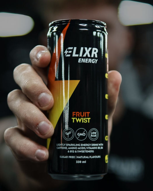 Elixr can being held up to the camera