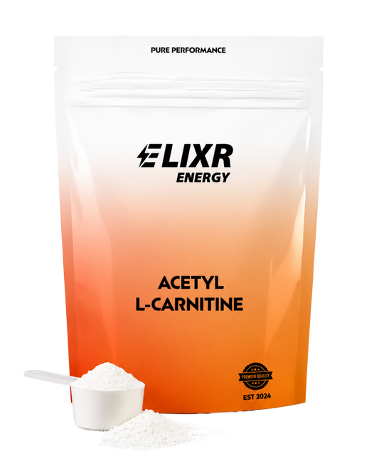 Elixr Energy Acetyl L-Carnitine supplement packaging with a scoop of powder on a white background