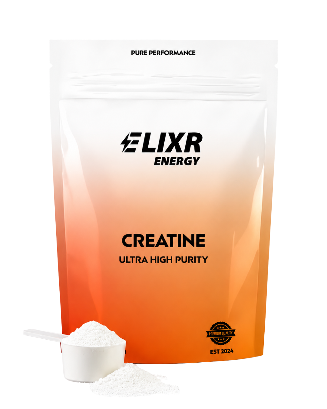 Elixr Energy Creatine powder packaging with a scoop of powder in front on a white background