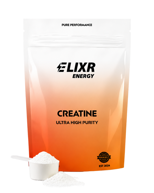 Elixr Energy Creatine powder packaging with a scoop of powder in front on a white background