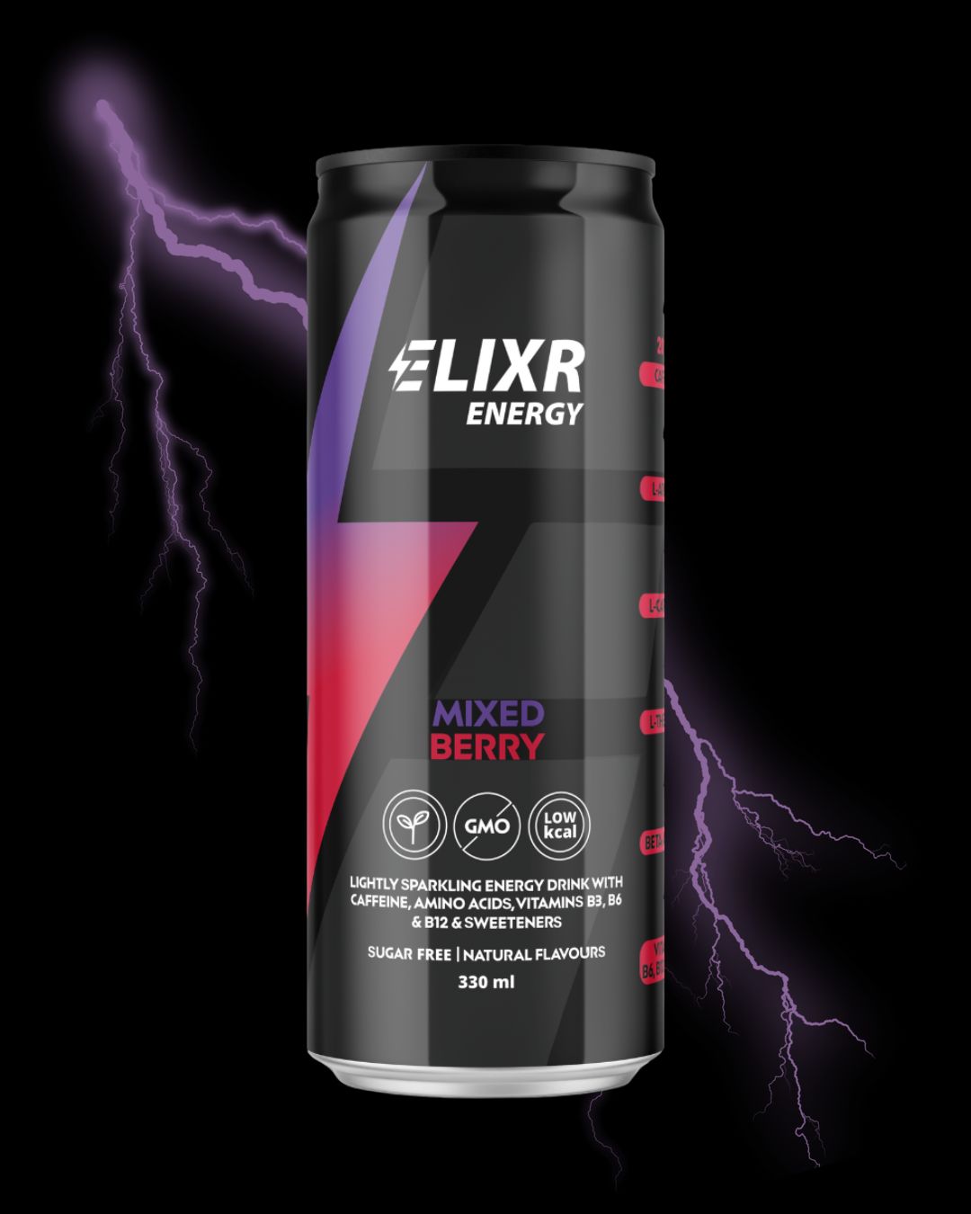 Elixr Energy Mixed Berry can with lightning effects on a black background
