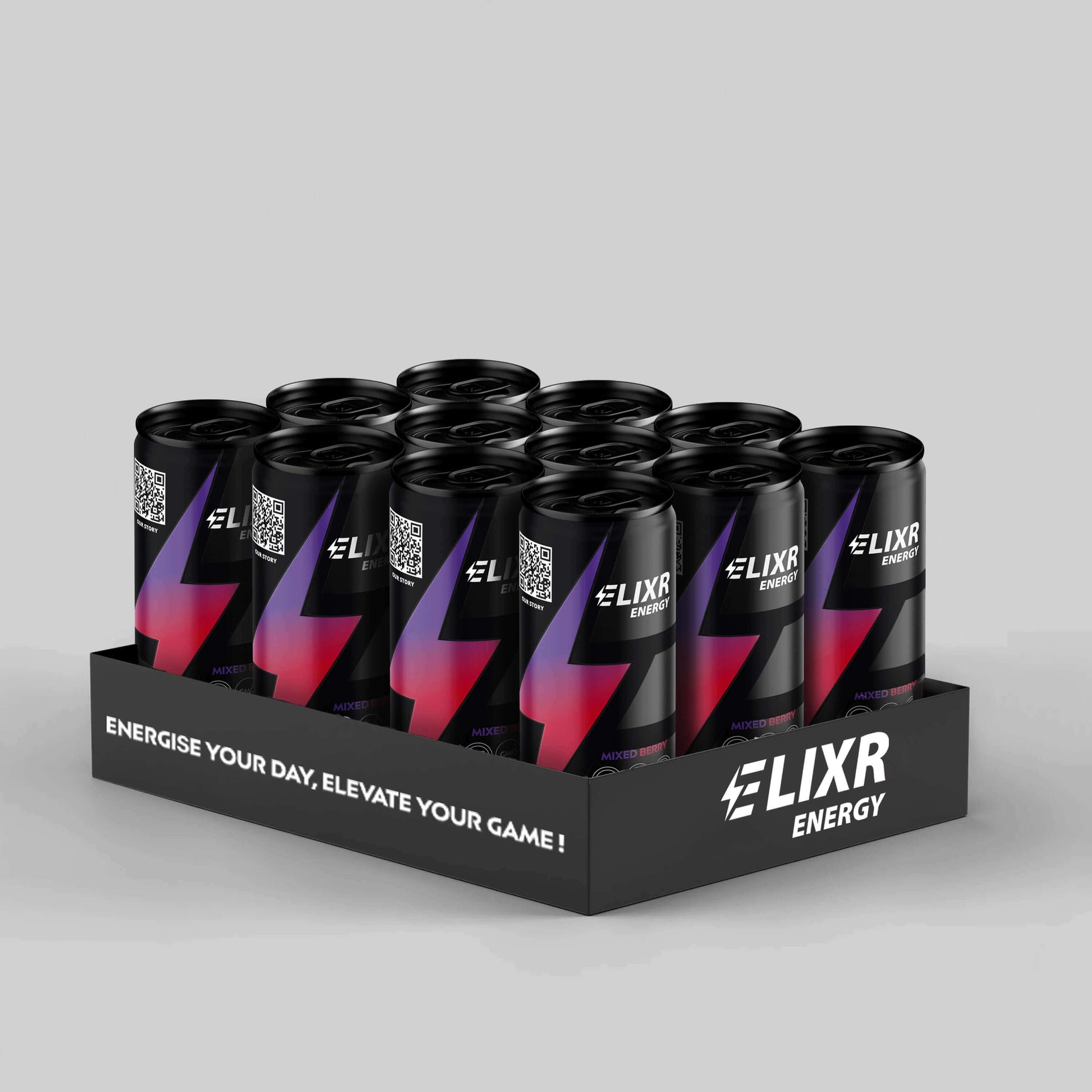 Display of Elixr Energy drinks in a black tray on a gray background
