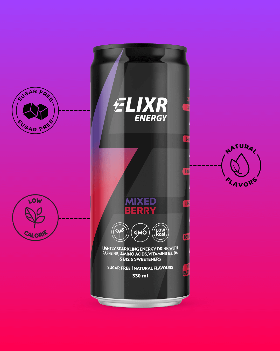 Elixr Energy drink can on a pink and purple gradient background