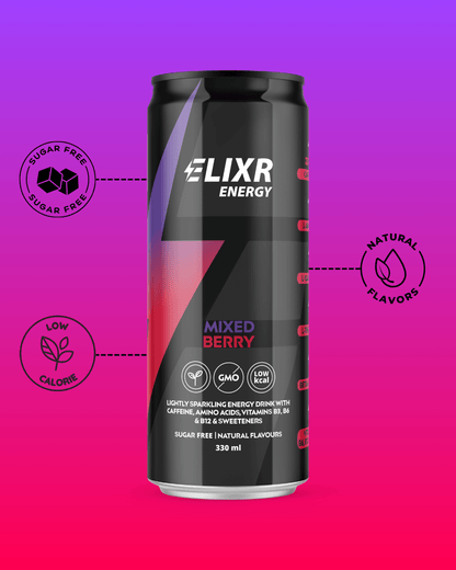 Elixr Energy drink can on a pink and purple gradient background