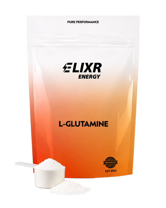 Elixr Energy L-Glutamine powder package with a scoop of powder on a white background