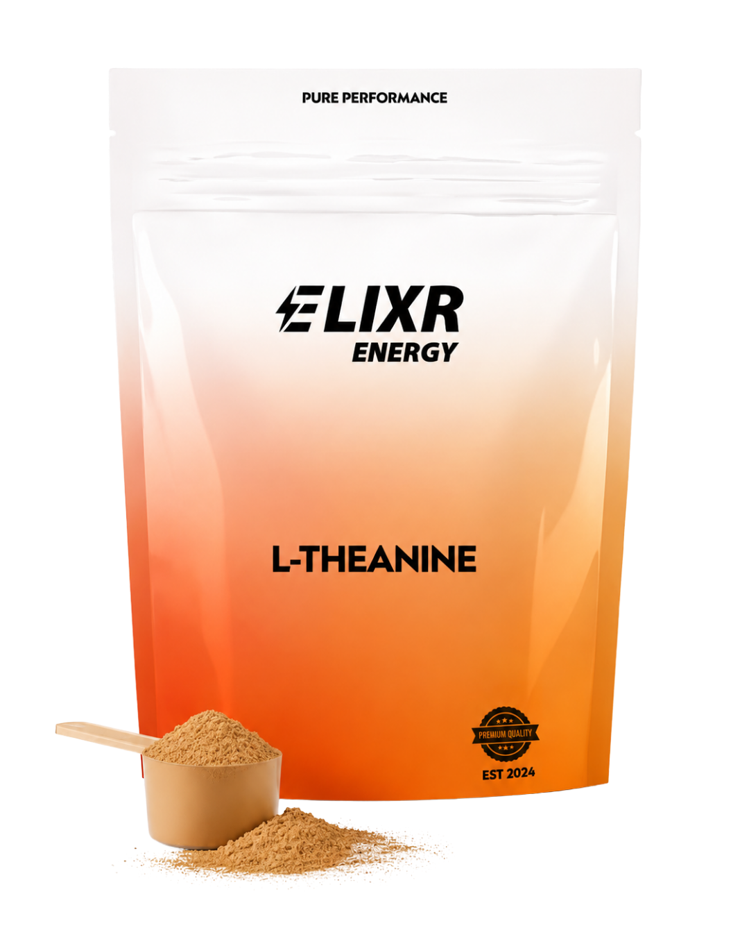 Elixr Energy L-Theanine powder package with a scoop of powder in front on a white background