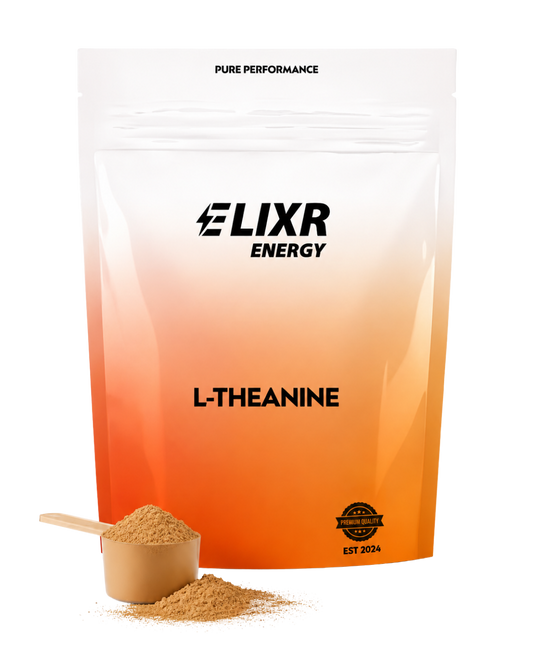 Elixr Energy L-Theanine powder package with a scoop of powder in front on a white background
