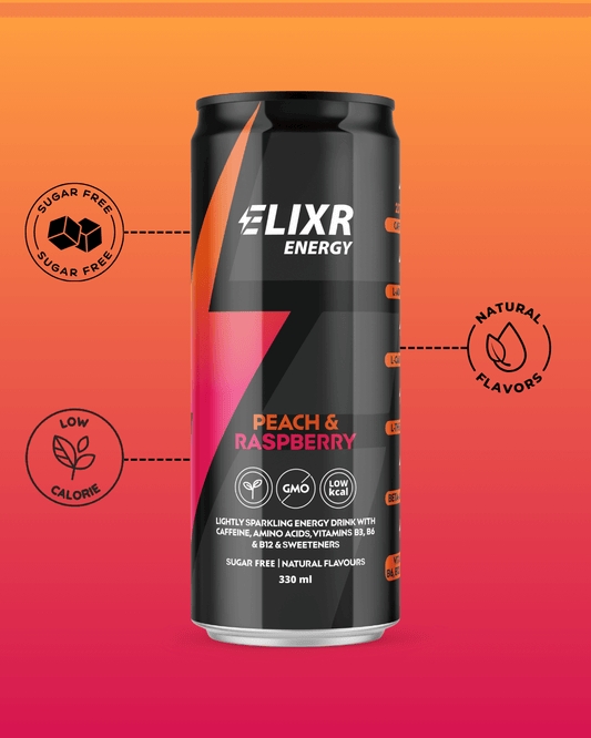 Elixir Energy drink  preworkout can with peach and raspberry flavour